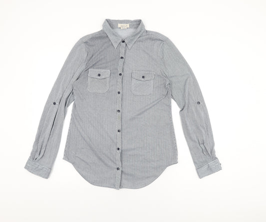 Passport Womens Grey Striped Polyester Basic Button-Up Size M Collared