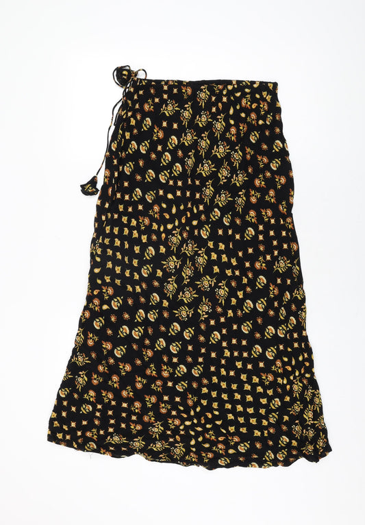 AND/OR Womens Black Floral Viscose Swing Skirt Size 8 Drawstring