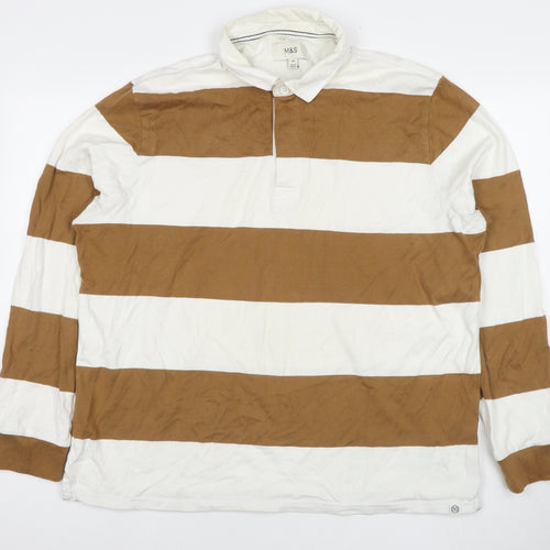 Marks and Spencer Mens Brown Striped Cotton Polo Size 2XL Collared Pullover