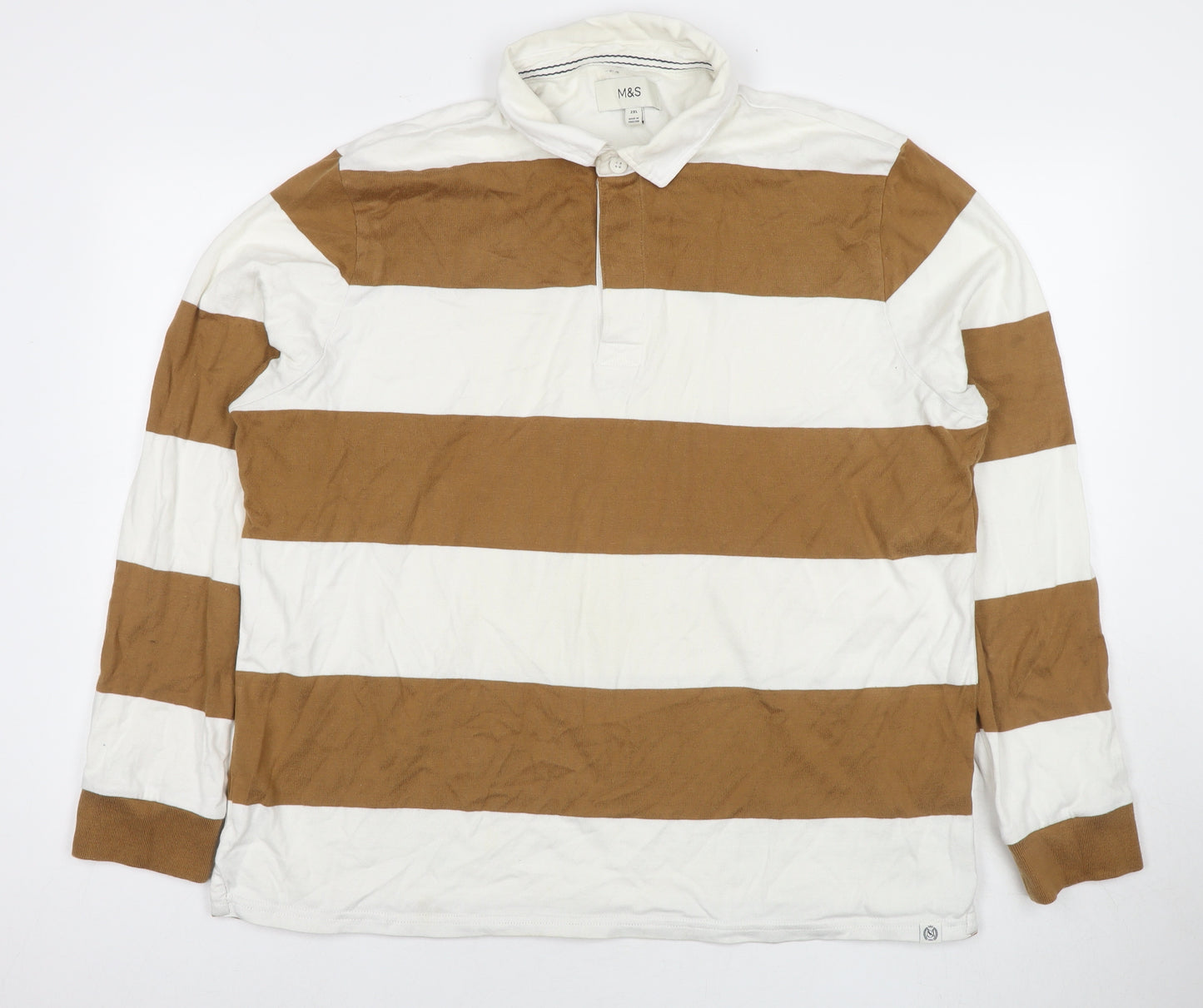 Marks and Spencer Mens Brown Striped Cotton Polo Size 2XL Collared Pullover