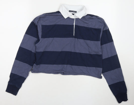 Brandy Melville Womens Blue Striped Cotton Cropped Polo Size M Collared - Label Size 170/84A