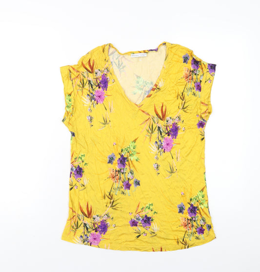 Zara Womens Yellow Floral Viscose Basic T-Shirt Size S V-Neck