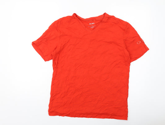 DKNY Womens Red Cotton Basic T-Shirt Size L V-Neck