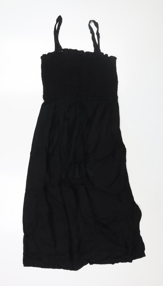 Marks and Spencer Womens Black Viscose Shift Size 12 Square Neck Pullover - Rouched Bodice Drawstring Tassle