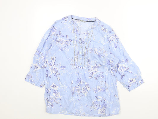 Marks and Spencer Womens Blue Floral Linen Basic Blouse Size 16 V-Neck