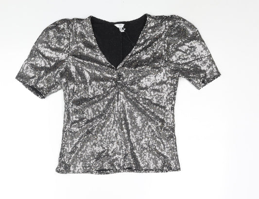 M&Co Womens Silver Nylon Basic Blouse Size 12 V-Neck - Sequin