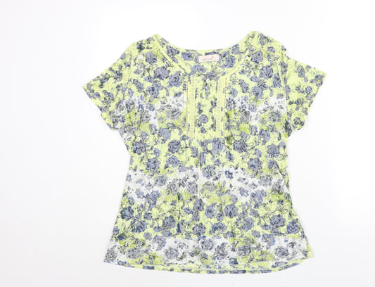 Per Una Womens Yellow Floral Cotton Basic Blouse Size 16 Round Neck