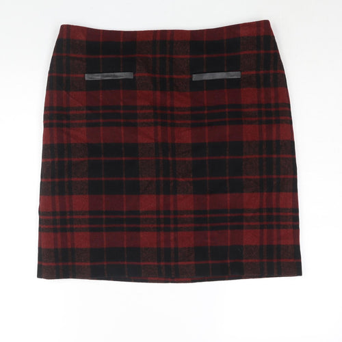 Marks and Spencer Womens Red Check Wool Straight & Pencil Skirt Size 14 Zip