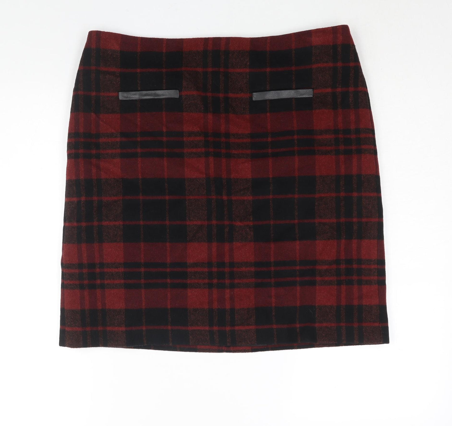 Marks and Spencer Womens Red Check Wool Straight & Pencil Skirt Size 14 Zip