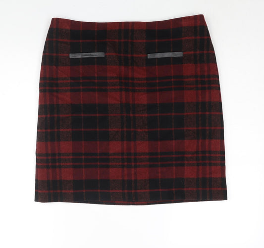 Marks and Spencer Womens Red Check Wool Straight & Pencil Skirt Size 14 Zip