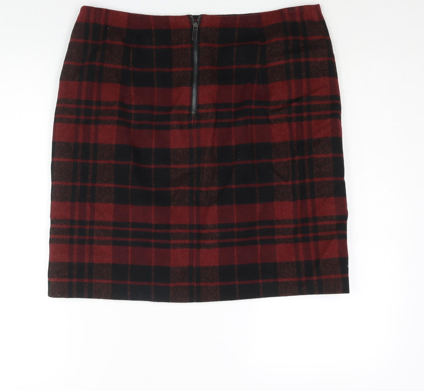 Marks and Spencer Womens Red Check Wool Straight & Pencil Skirt Size 14 Zip