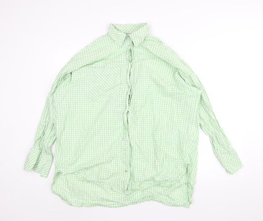 Stradivarius Womens Green Check Cotton Basic Button-Up Size L Collared - Oversized