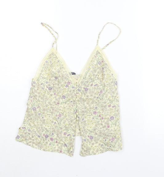 Etam Womens Yellow Floral Polyester Camisole Blouse Size 10 V-Neck - Lace Trim