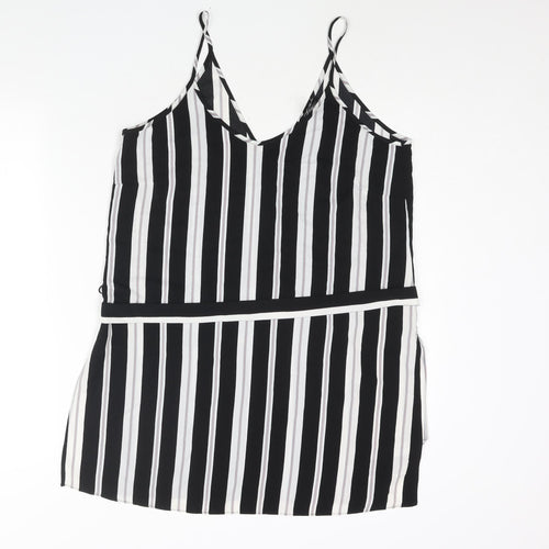 FOREVER 21 Womens Black Striped Polyester Camisole Blouse Size L V-Neck - Side Slits Belted