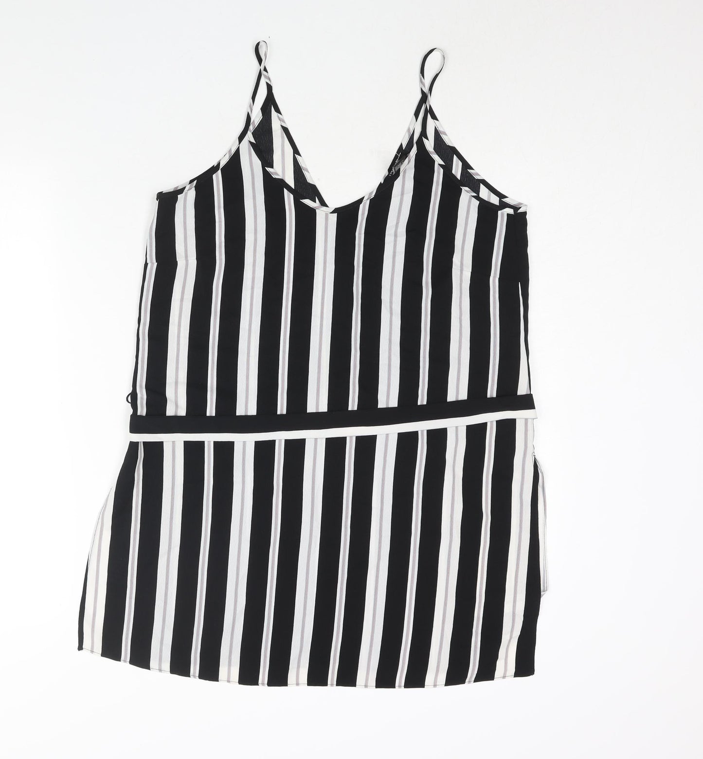 FOREVER 21 Womens Black Striped Polyester Camisole Blouse Size L V-Neck - Side Slits Belted