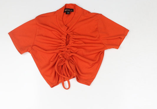 Pink Vanilla Womens Orange Polyester Cropped Blouse Size L Mock Neck - Drawstring Detail Keyhole Neck