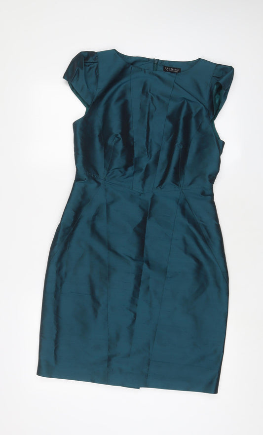 Warehouse Womens Blue Silk Sheath Size 12 V-Neck Zip