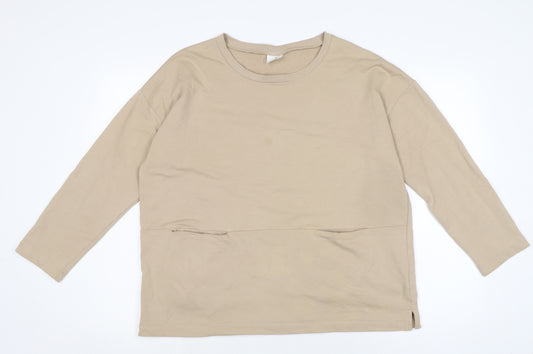 Dreams Womens Beige Cotton Basic T-Shirt Size S Crew Neck - Pockets to front.