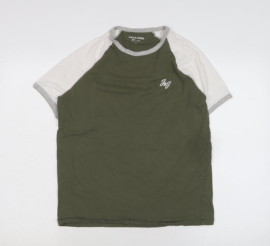 JACK & JONES Mens Green Cotton T-Shirt Size S Crew Neck