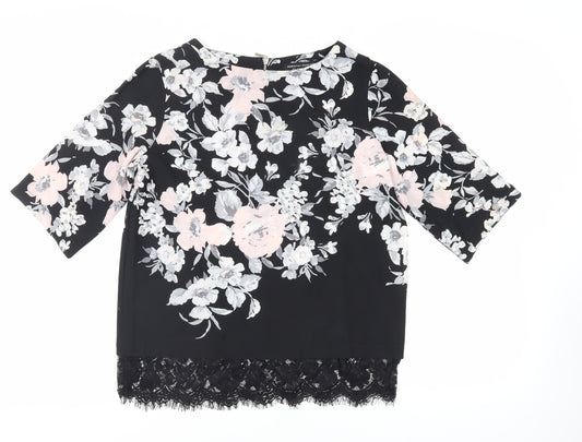 Dorothy Perkins Womens Black Floral Polyester Basic Blouse Size 10 Round Neck - Lace Detail