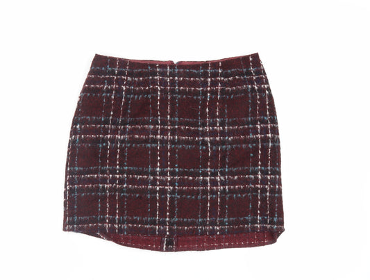 New Look Womens Red Plaid Acrylic Mini Skirt Size 10 Zip - Lined