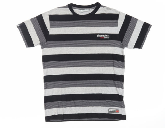 Champion Mens Black Striped Cotton T-Shirt Size L Crew Neck - Logo