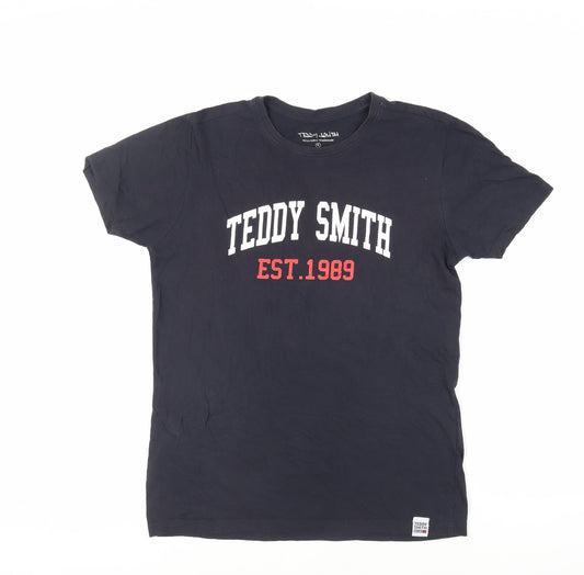 Teddy Smith Mens Blue Cotton T-Shirt Size S Crew Neck - Logo