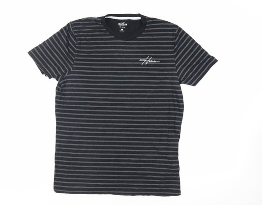 Hollister Mens Black Striped Cotton T-Shirt Size L Crew Neck