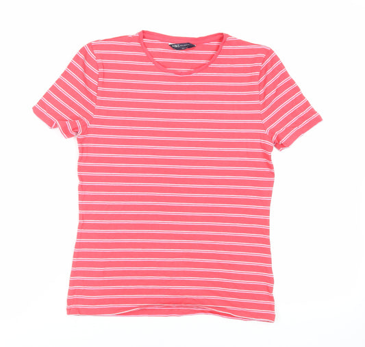 Marks and Spencer Womens Pink Striped Cotton Basic T-Shirt Size 12 Crew Neck