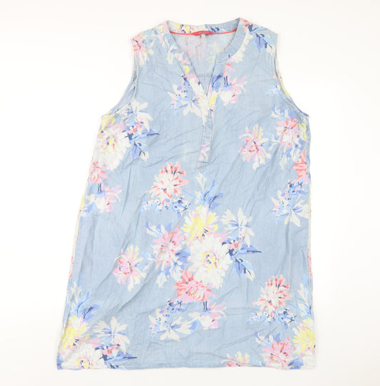 Joules Womens Blue Floral Cotton A-Line Size 18 V-Neck Pullover