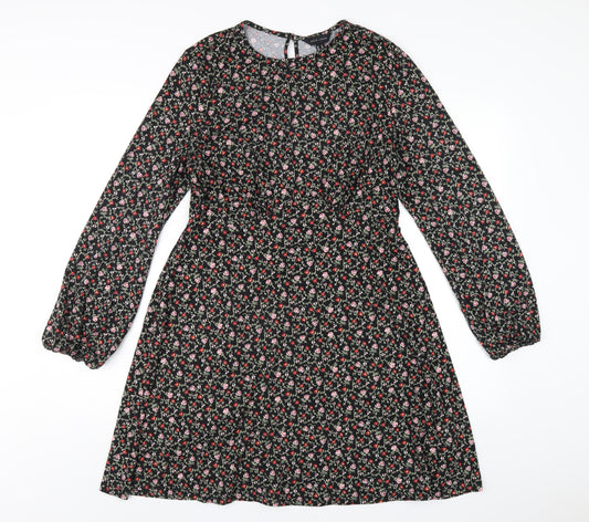 New Look Womens Black Floral Polyester A-Line Size 12 Round Neck Button