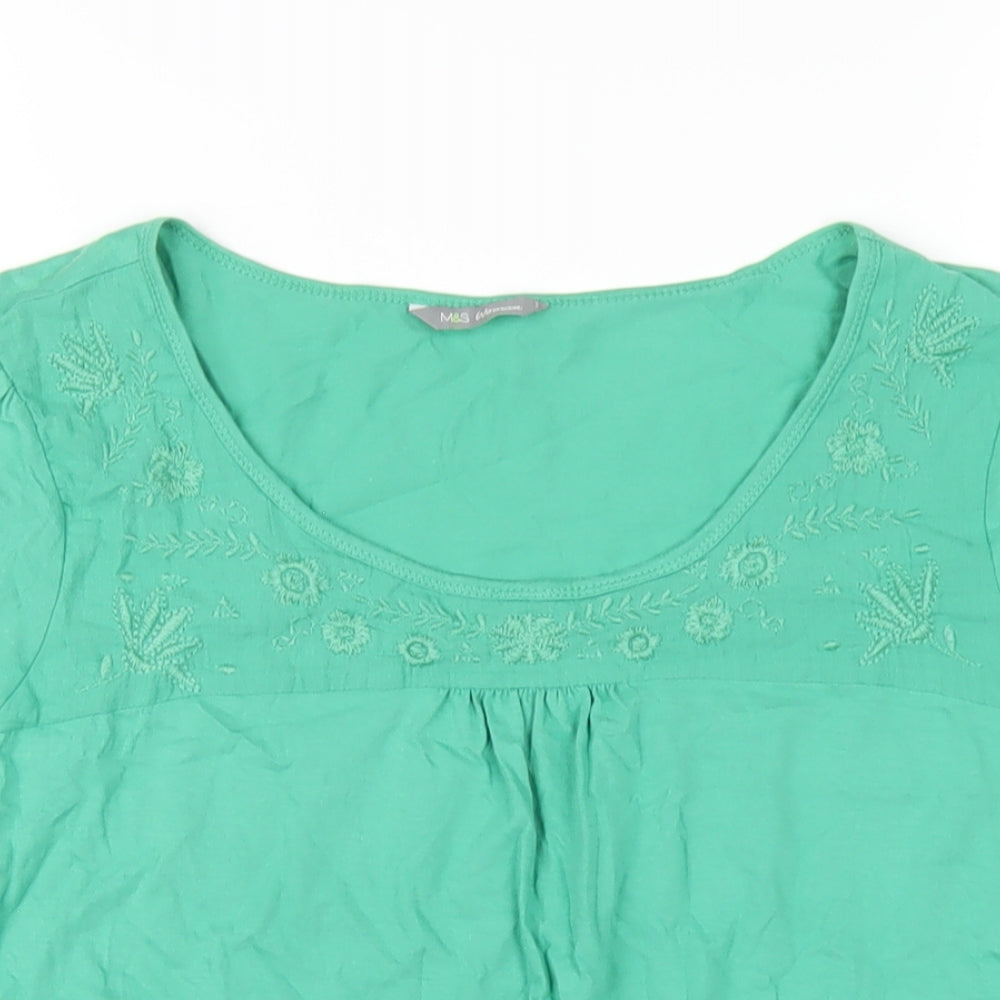 Marks and Spencer Womens Green Cotton Basic T-Shirt Size 18 Scoop Neck