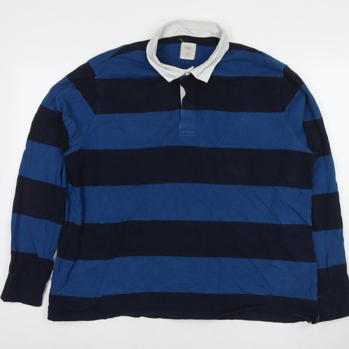 Marks and Spencer Mens Blue Striped Cotton Polo Size 2XL Collared Pullover