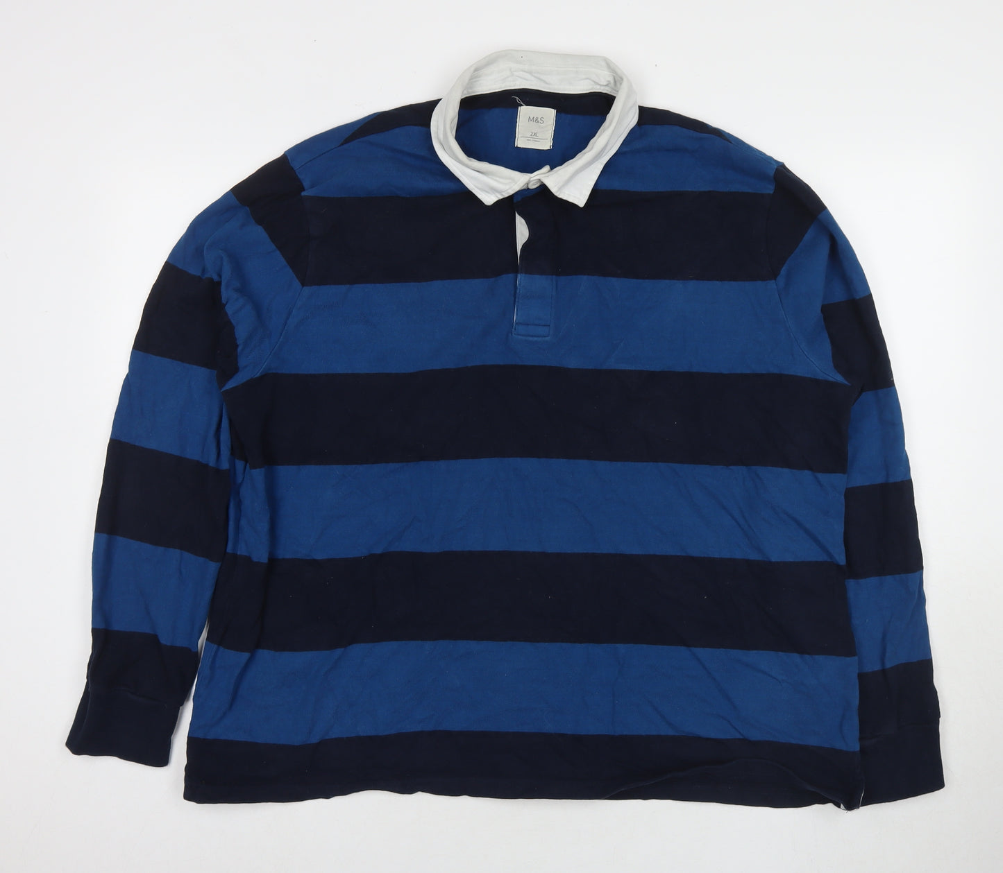 Marks and Spencer Mens Blue Striped Cotton Polo Size 2XL Collared Pullover