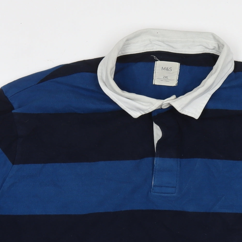 Marks and Spencer Mens Blue Striped Cotton Polo Size 2XL Collared Pullover