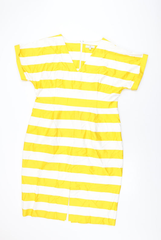 Jasper Conran Womens Yellow Striped Cotton Bodycon Size 18 V-Neck Zip