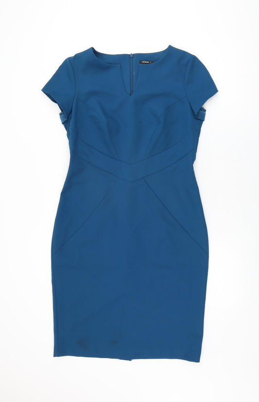 Roman Womens Blue Polyester Bodycon Size 12 V-Neck Zip