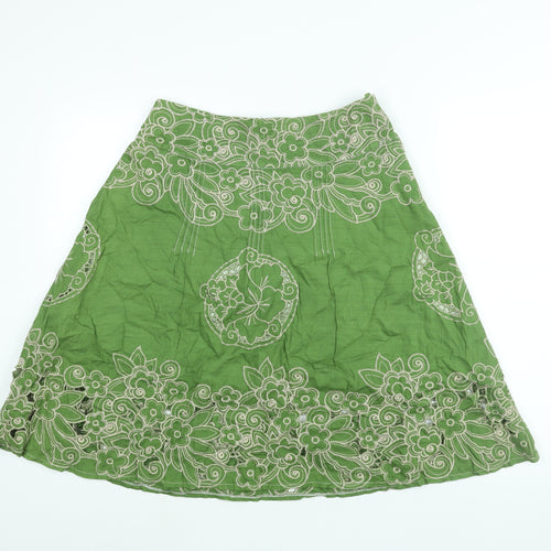 New Look Womens Green Geometric Cotton A-Line Skirt Size 8 Zip - Floral Embroidery