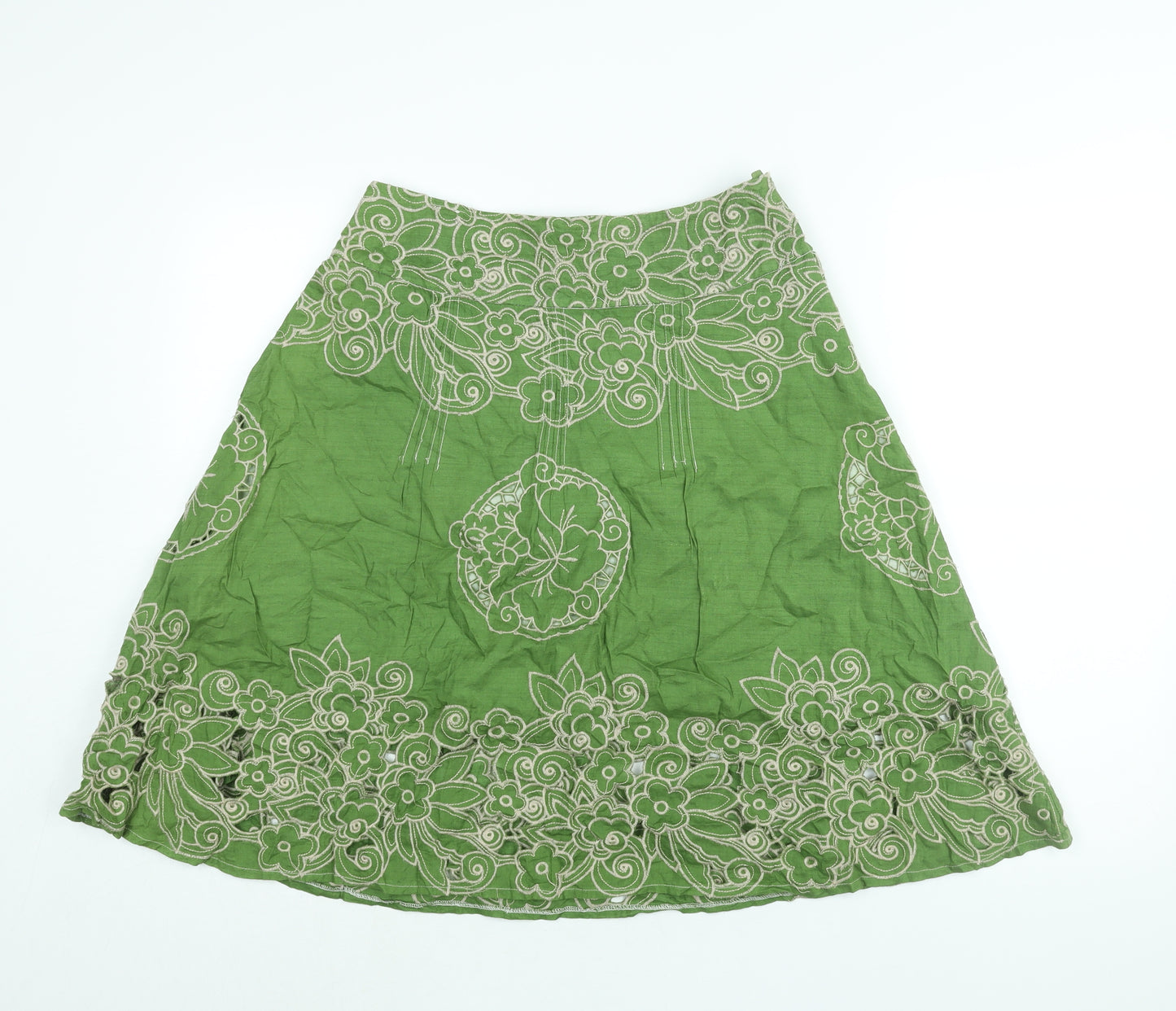 New Look Womens Green Geometric Cotton A-Line Skirt Size 8 Zip - Floral Embroidery