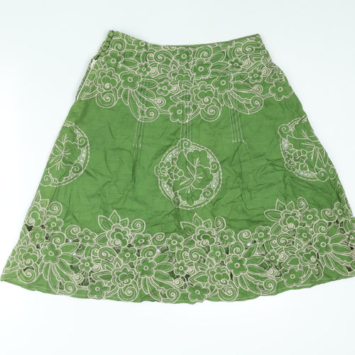 New Look Womens Green Geometric Cotton A-Line Skirt Size 8 Zip - Floral Embroidery