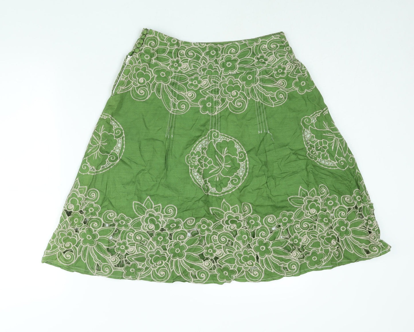 New Look Womens Green Geometric Cotton A-Line Skirt Size 8 Zip - Floral Embroidery