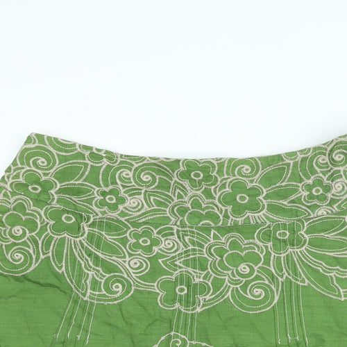 New Look Womens Green Geometric Cotton A-Line Skirt Size 8 Zip - Floral Embroidery