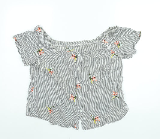 Warehouse Womens Grey Striped Cotton Basic Blouse Size 16 Off the Shoulder - Floral Embroidery