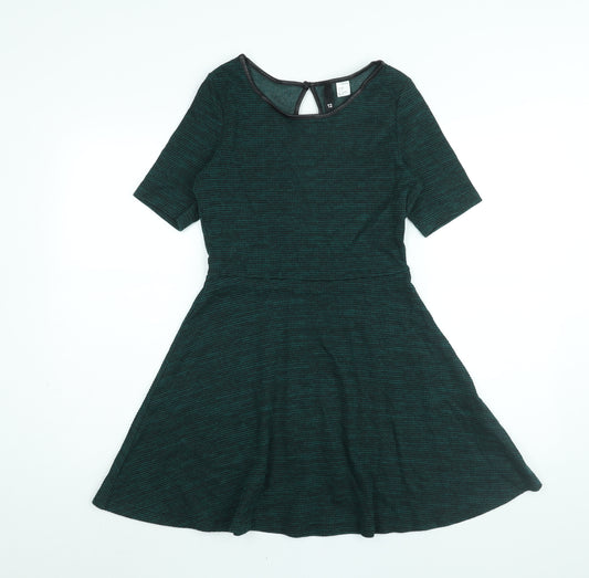 Divided by H&M Womens Green Cotton Skater Dress Size 12 Round Neck Button