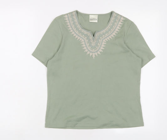 Eastex Womens Green Cotton Basic T-Shirt Size 10 V-Neck - Embroidered