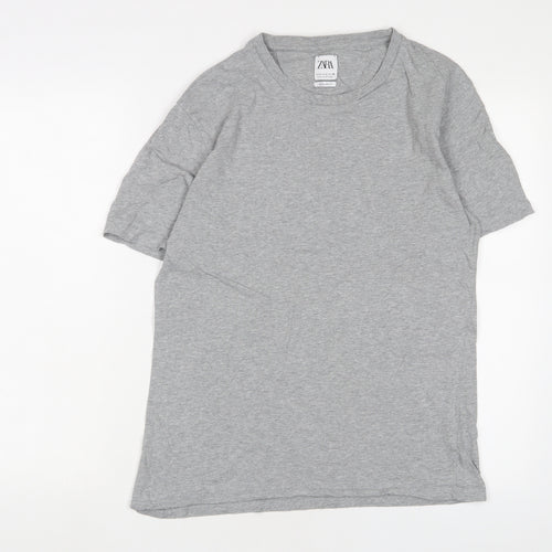 Zara Mens Grey Cotton T-Shirt Size M Crew Neck