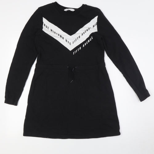 H&M Girls Black Cotton A-Line Size 10 Years Crew Neck - Draw Waist