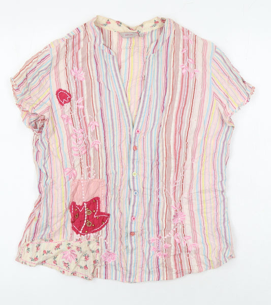 Per Una Womens Multicoloured Striped 100% Cotton Tunic Blouse Size 14 V-Neck - Embroidered Flowers