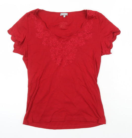 Per Una Womens Red Cotton Tunic T-Shirt Size 12 Scoop Neck - Embroidered Flowers