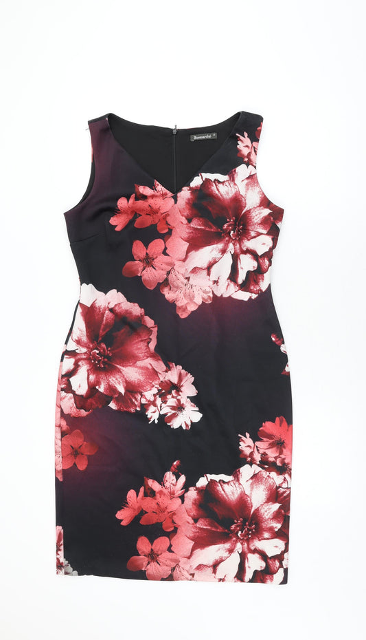 Bonmarché Womens Black Floral Polyester Bodycon Size 12 V-Neck Zip